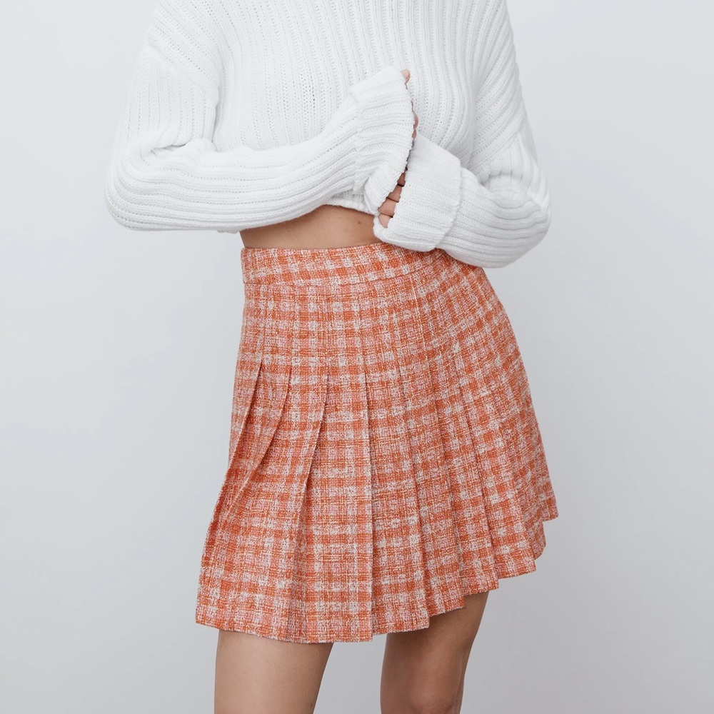 Zara TwEED PLEATED STRUCTURED MINI SKIRT High Waist Orange NEW